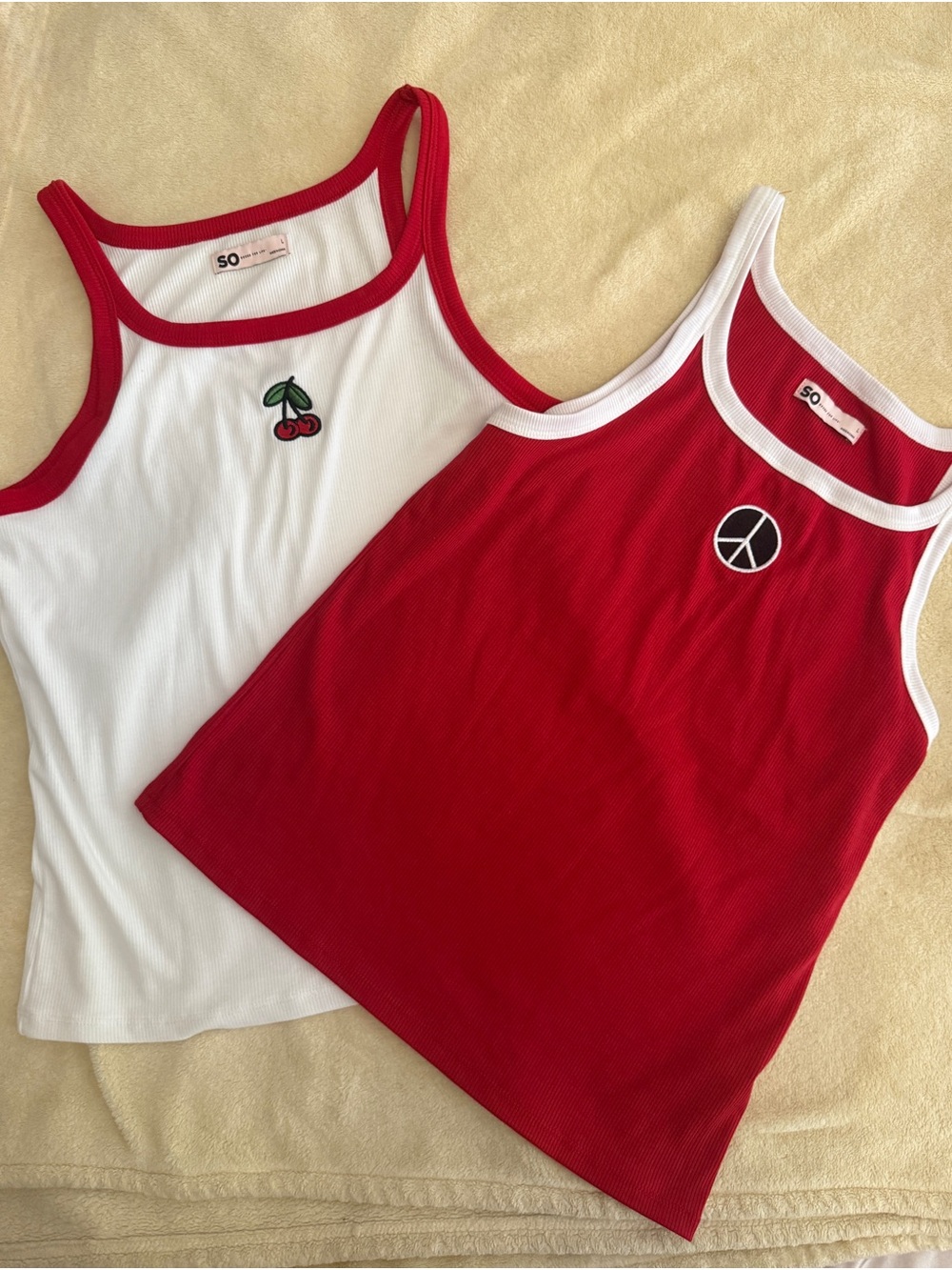 SO Red & White Ribbed Tank Tops with Cherry and Peace Patches